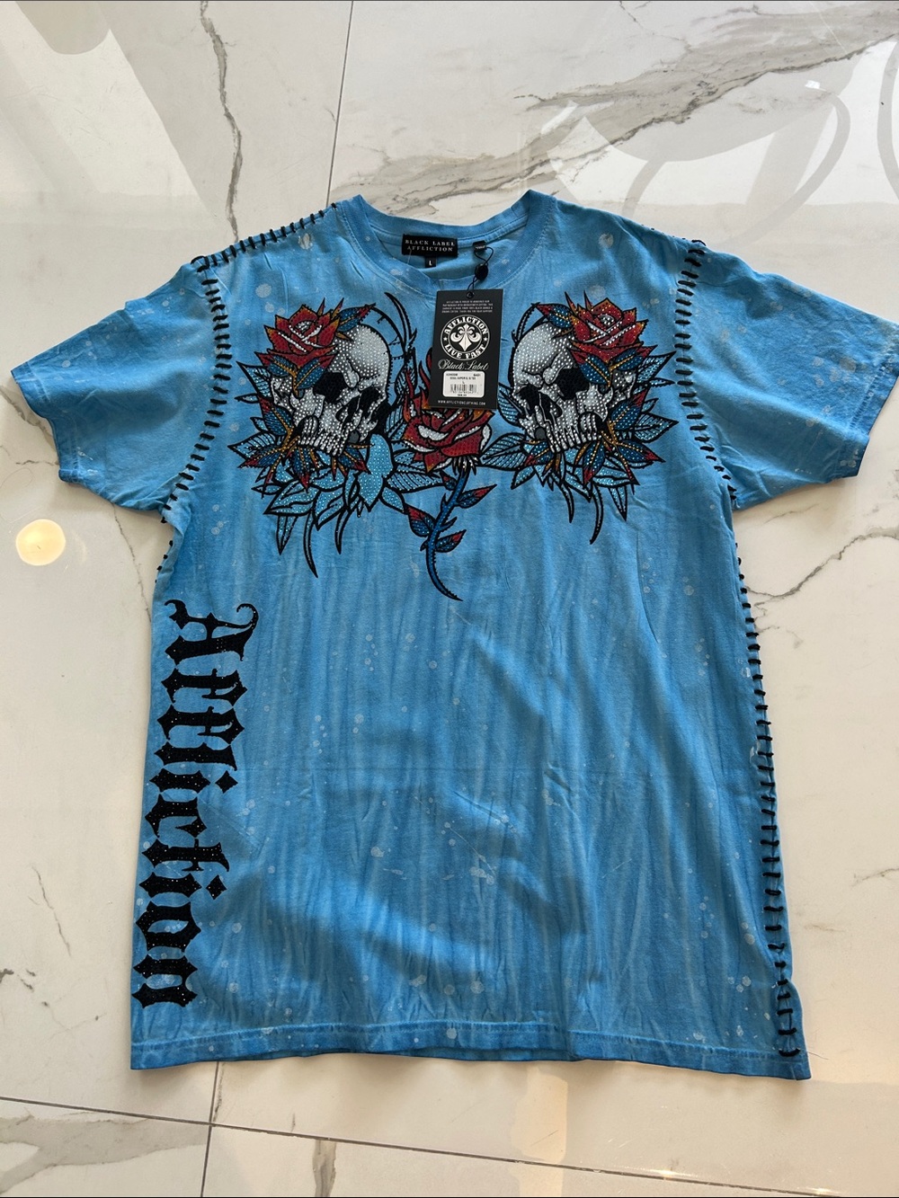Affliction Blue Short Sleeve Skull & Rose Graphic Tee with crystals
